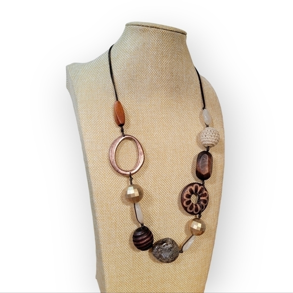 Statement Necklace Wooden Beads Copper Tone Ring Crochet Textured Boho - Picture 5 of 9